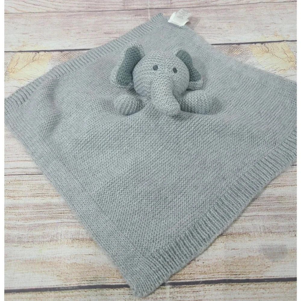 Modern Baby Knit Plush Elephant Lovey Security Blanket Gray Sweater 13" x 13"